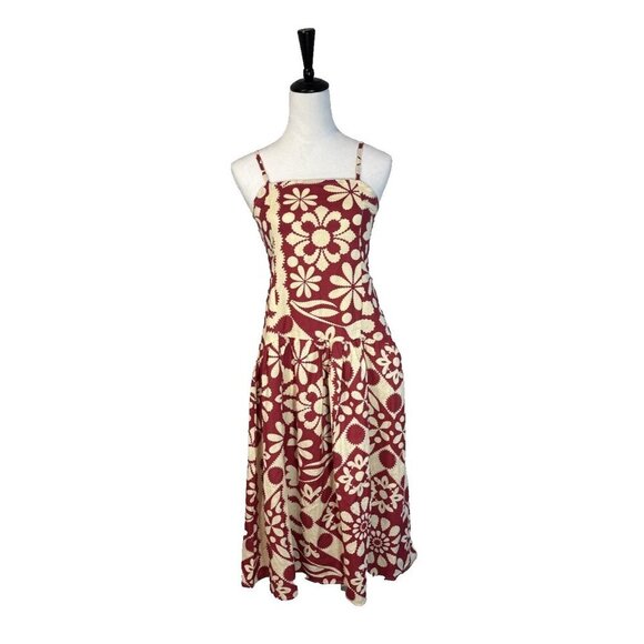 Girl Soul 100% Cotton Red-Tan Medi Dress Women's Sz M Boho Spring Summer Floral - Picture 1 of 14